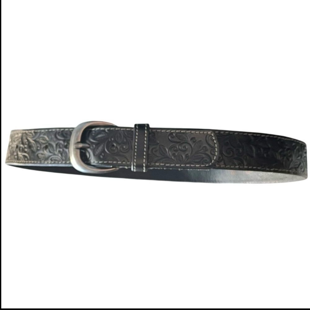 Warehouse One Embossed Black Leather Belt Medium Silver Buckle - Picture 2 of 13